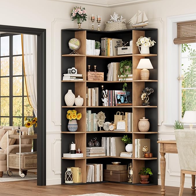 FOTOSOK 74” Tall Corner Bookshelf, 6-Tier Bookshelf and Bookcase with Open Storage, Tall Bookcases Wooden Storage Shelves for Home Office, Thickened Boards for Better Load Bearing, Black/Brown