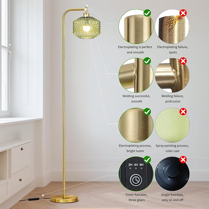 MAYNA Mid Century Modern Floor Lamp, Emerald Green Ribbed Glass Standing Lamp with Built-in Timer Switch, Gold Tall Vintage Lamps for Living Room Bedroom, 2700K LED Bulb Included