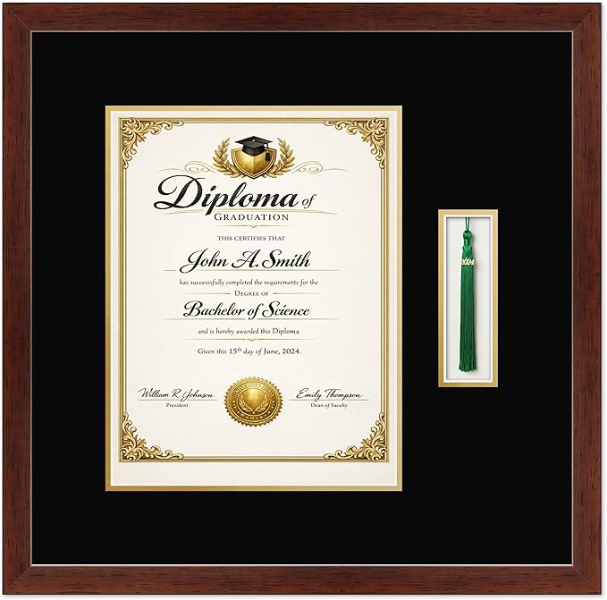 CountryArtHouse Diploma and Tassel Frame Fits 10 x 13 College Diploma (Portrait Traditional) W Rustic Walnut Genuine Hardwood Shadowbox with Black Over Metallic Gold Double mat