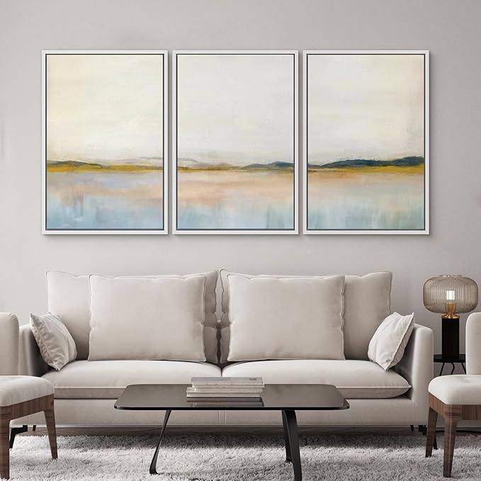 SIGNWIN Framed Canvas Print Wall Art Set Grunge Watercolor Pastel Lake Landscape Nature Abstract Illustrations Fine Art Decorative Nordic Rustic for Living Room, Bedroom, Office - 16"x24"x3 White