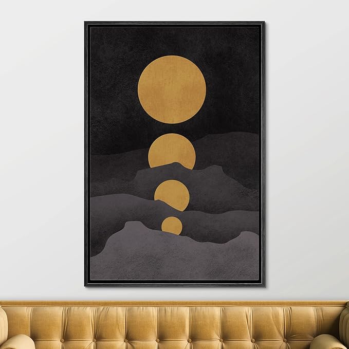 SIGNFORD Framed Canvas Print Wall Art Golden Moons in Dark Landscape Abstract Wilderness Illustrations Modern Art Contemporary Scenic for Living Room, Bedroom, Office - 16"x24" Black