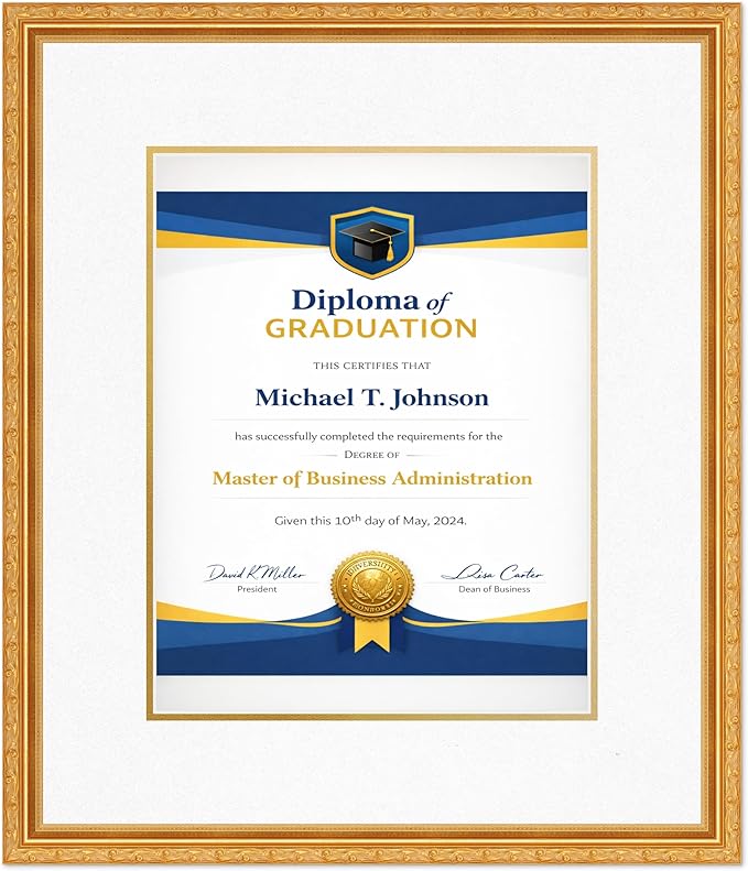 Diploma Frame Museum Gold with Oyster Shell Over Gold Double Mat - Fits 11 x 14 College Diploma (Portrait) Wall Display Made in the USA
