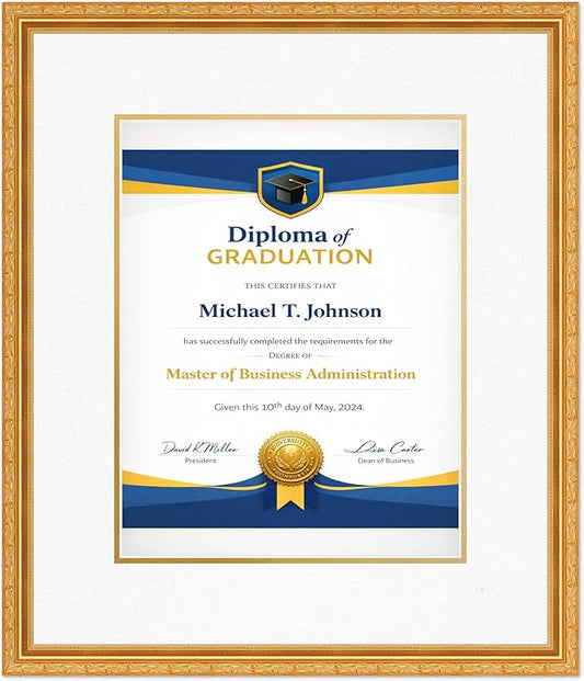 Diploma Frame Museum Gold with Oyster Shell Over Gold Double Mat - Fits 11 x 14 College Diploma (Portrait) Wall Display Made in the USA