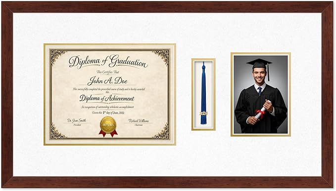 Diploma Tassel and Photo Frame Rustic Walnut Shadowbox Oyster Shell Over Gold Mat - Fits 11 x 8.5 Degree Picture Made in the USA
