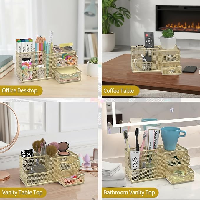 Mesh Desk Organizer, Pen Organizer with 2 Drawers and 5 Compartments, Versatile Pen Holder for Small Space, Desk Organizers and Accessories for School Office Supplies, Gold