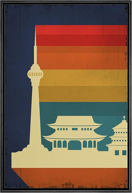 IDEA4WALL Framed Canvas Print Wall Art Retro Vintage Chinese Capitol Poster Cultural Building Illustrations Modern Art Contemporary Scenic Warm for Living Room, Bedroom, Office - 24"x36" BLACK