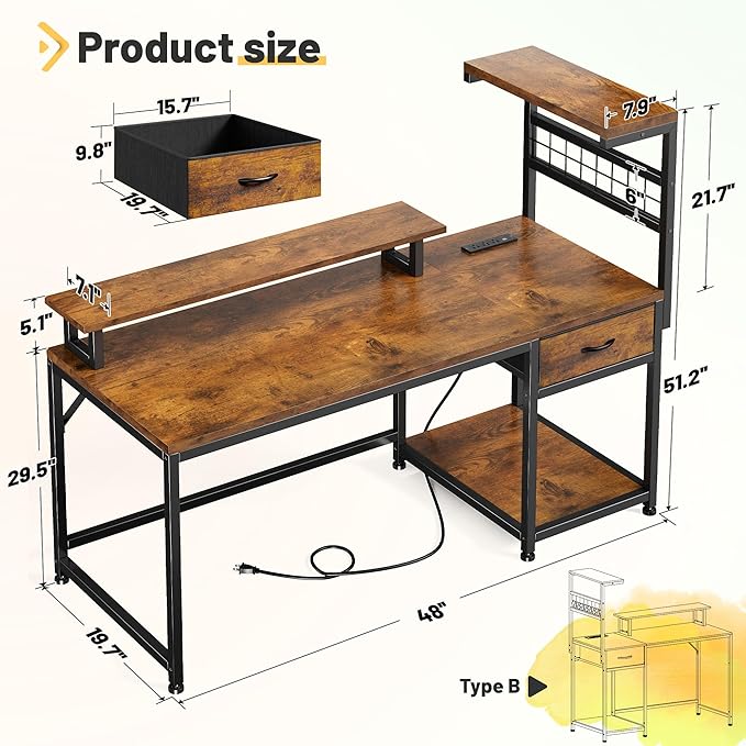 EnHomee 48" Computer Desk with Power Outlets & LED Lights, Gaming Desk with Drawer & Storage Shelves, Reversible Home Office Desk with Monitor Stand, for Living, Study Room, Gaming Room, Rustic Brown
