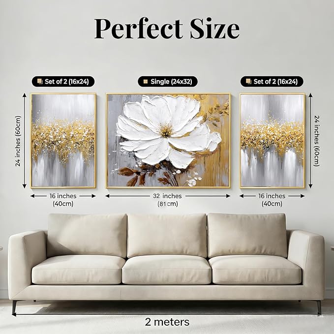 Hand-Painted Floral Canvas Oil Painting for Living Room,Framed 3D Gold and White Abstract Wall Art for Bedroom, Large 3 Pieces Flowerl Wall Painting for Office Kitchen Bathroom Home Decor 24x64 inches