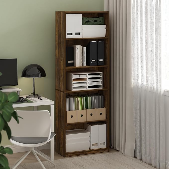 Furinno GEHRY Book Shelf, 5-Tier Bookshelf with Open Shelf, Standing Bookcase with Adjustable Shelves, 11.6 x 24.8 x 71.4, for Living Room, Bedroom, Home Office, Amber Pine
