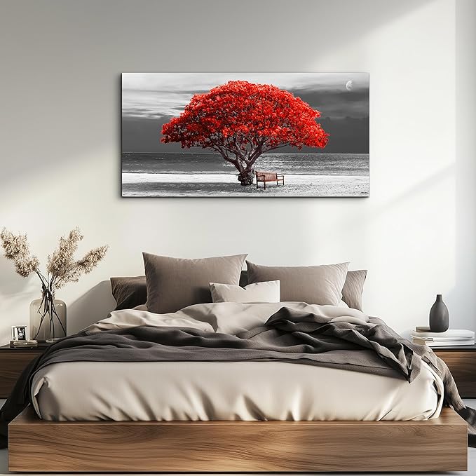 wall art for living room Decorations Photo Prints - panoramic black and white with red trees The moon Landscape - Modern Home Decor The room Stretched and Framed Ready to Hang artwork 20x40inches
