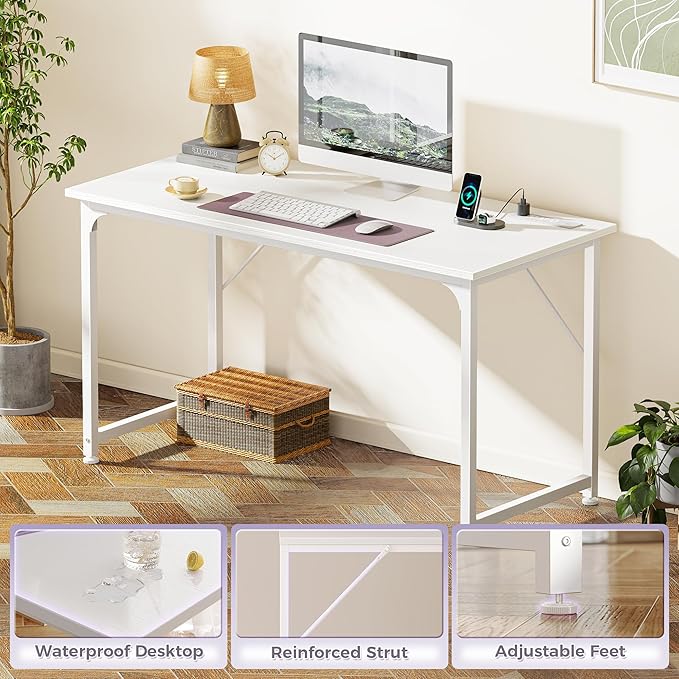 PRAISUN 47 X 20 Inch Office Computer Desk with Power Outlets and USB-C Port, Larger Gaming Desk, for Home Office, Study, Bedroom, Writing Work from Home Table, Metal Frame, White