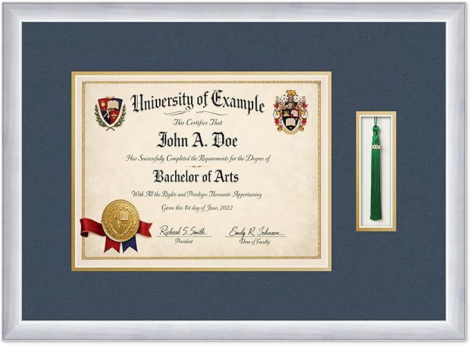 CountryArtHouse Diploma and Tassel Frame Fits 13 x 10 College Diploma (Traditional) Wit Stainless Silver Genuine Hardwood Shadowbox with Navy Blue Over Metallic Gold Double mat