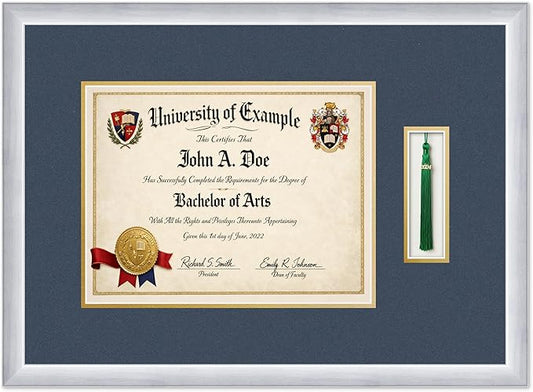 CountryArtHouse Diploma and Tassel Frame Fits 13 x 10 College Diploma (Traditional) Wit Stainless Silver Genuine Hardwood Shadowbox with Navy Blue Over Metallic Gold Double mat