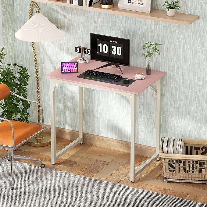 Dkelincs 32 Inch Small Computer Desk Home Office Desk Writing Desk Modern Simple Style Study Work Table with Metal Frame, Easy Assembly, Adjustable Feet, Water-Resistant, Scratchproof Surface, Pink