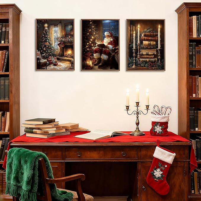 Christmas Canvas Wall Art Vintage Christmas Wall Decor Satan Framed Claus Paintings 12x16 Inches Set of 3 for Living Room Bedroom
