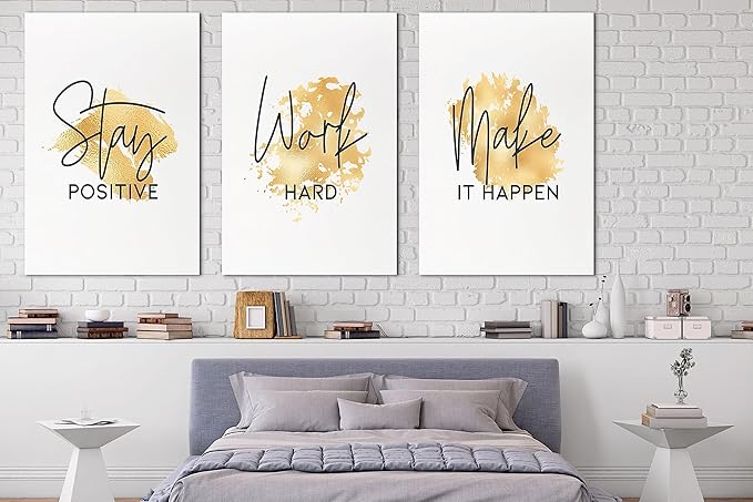 SHMAO Gold Office Canvas Wall Art Motivational Wall Decor, 3 Piece Stay Work Make Print Pictures for Office Wall Decor Women Inspirational Framed Artwork Home Office Decor 24”x36”x3 Panels