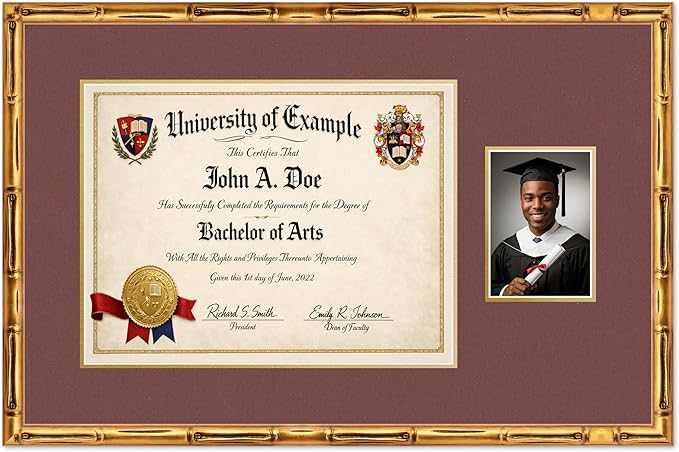 CountryArtHouse Fits 17 x 13 International Diploma and 5 x 7 Photo Diploma and Photo Frame Gold Bamboo Genuine Hardwood with Dark Red Over Metallic Gold Double mat