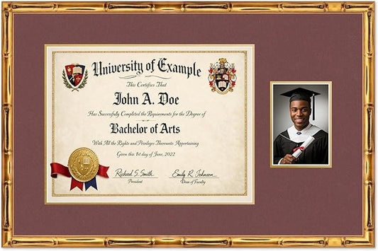 CountryArtHouse Fits 17 x 13 International Diploma and 5 x 7 Photo Diploma and Photo Frame Gold Bamboo Genuine Hardwood with Dark Red Over Metallic Gold Double mat