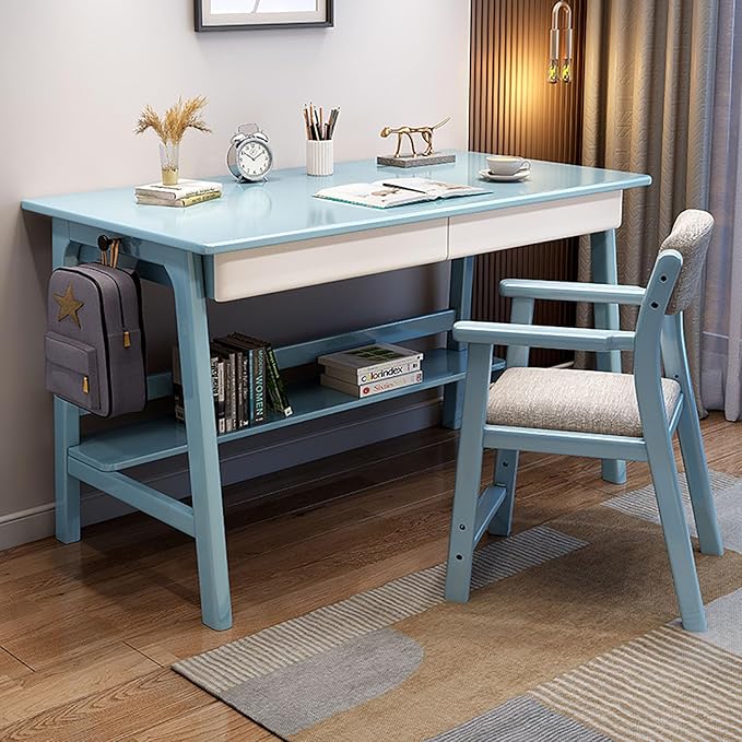 SAZDFY Solid Wood Home Office Desk Workstation, Writing Desk with 2 Drawer and Shelves,Mid Century Modern Computer Desk PC Study Table for Small Spaces(80x60x75cm(31x24x29in), Blue)