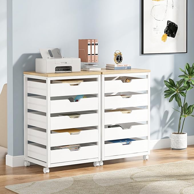 Tribesigns 5-Drawer File Cabinet, Wood Mobile Storage Drawer Unit, Modern Office Cabinet with Drawers & Wheels, Rolling Printer Stand for Home Office (White)