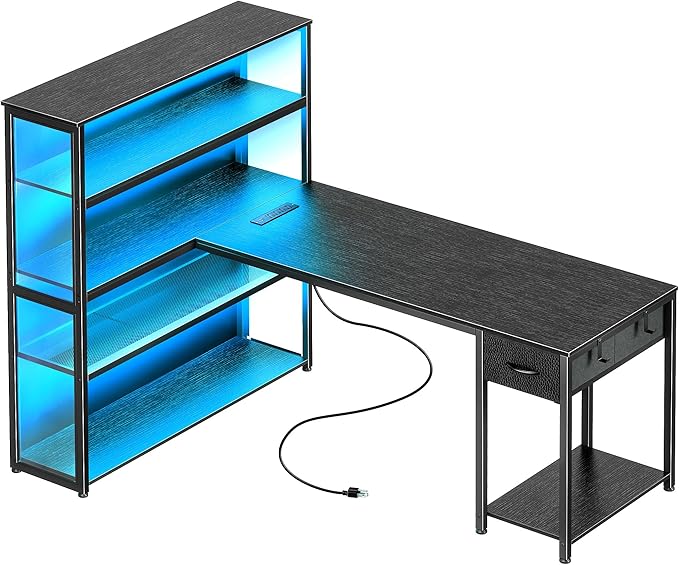 PRAISUN 57 Inch L Shaped Gaming Computer Desk with Larger Open Cabinet, Reverisble Office Desk with Power Outlets, LED Lights, Work Desk, Fabric Drawer, Adjustable Wood and Mesh Shelf, Black