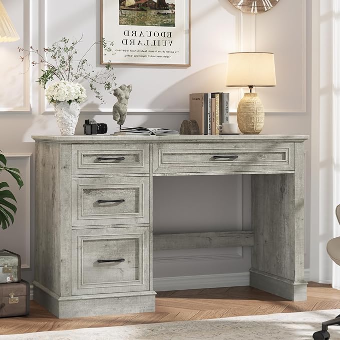 Farmhouse 47" Executive Desk with 3 Drawers and Adjustable File Drawer, Workspace for Home Office and Study, Grey.