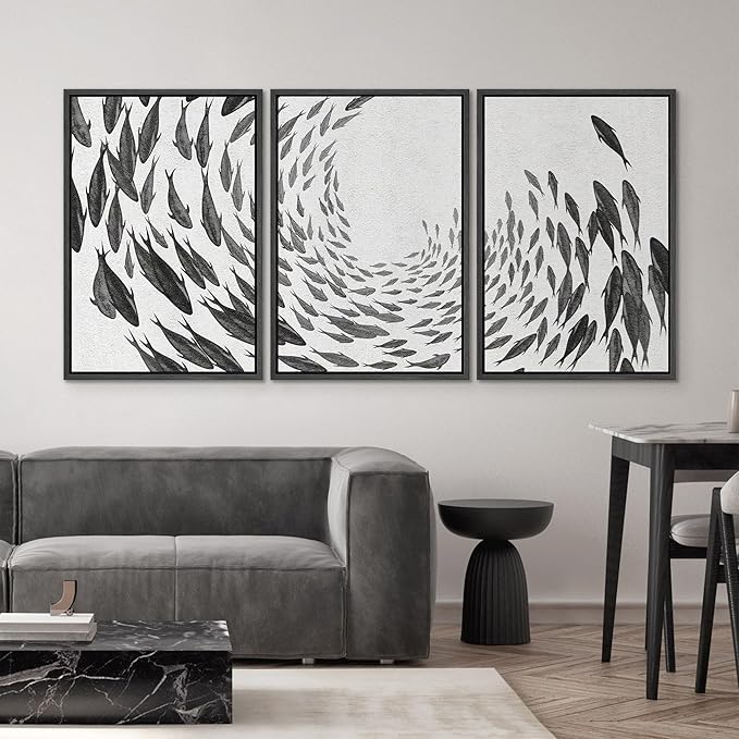 SIGNWIN Framed Canvas Print Wall Art Swirling School of Fish Abstract Shapes Illustrations Modern Art Minimalist Black and White for Living Room, Bedroom, Office - 24"x36"x3 Black