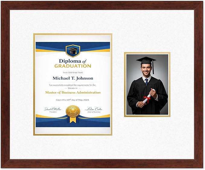 Diploma Frame With Photo Opening Rustic Walnut Oyster Shell Over Gold Mat - Fits 8.5 x 11 Degree and Picture Made in the USA