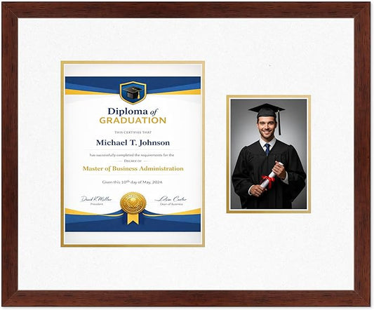 Diploma Frame With Photo Opening Rustic Walnut Oyster Shell Over Gold Mat - Fits 8.5 x 11 Degree and Picture Made in the USA