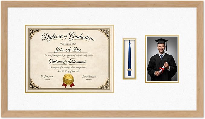 Diploma Tassel and Photo Frame Natural Wood Shadowbox Oyster Shell Over Gold Mat - Fits 13 x 10 Degree Picture Made in the USA