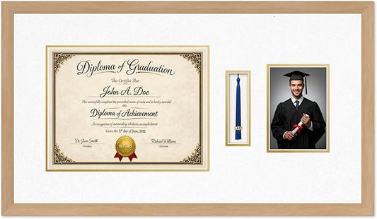Diploma Tassel and Photo Frame Natural Wood Shadowbox Oyster Shell Over Gold Mat - Fits 13 x 10 Degree Picture Made in the USA