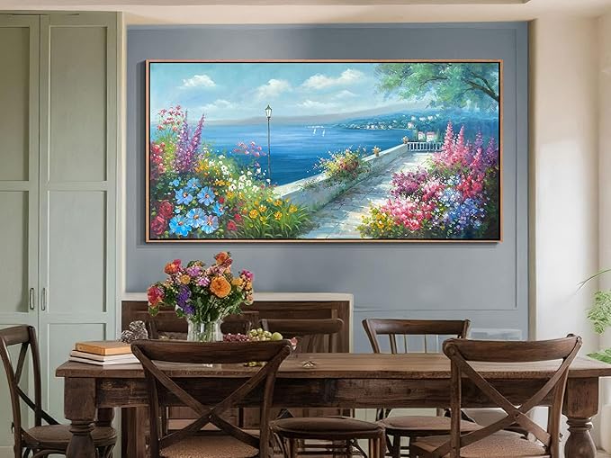 Arjun Blue Coastal Canvas Framed Wall Art for Living Room Ocean Landscape Painting Bedroom, Hand Painted Seascape Garden Flower Picture Artwork Large Home Office Wall Decor, 48"x24"