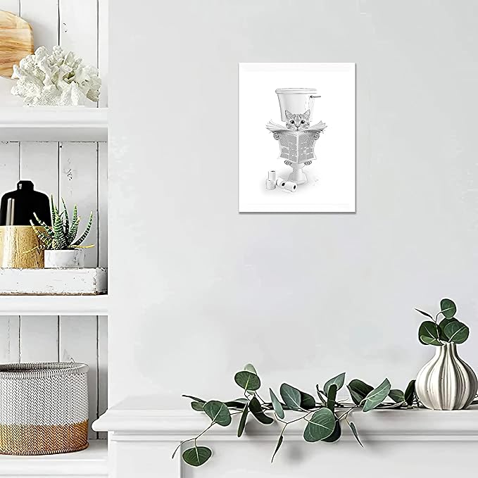 yerretin Funny Cat Bathroom Wall Art Black and White Cat Pictures Wall Decor Animal Bathroom Canvas Painting Modern Artwork Home Decorations Framed Ready to Hang 12"x16"