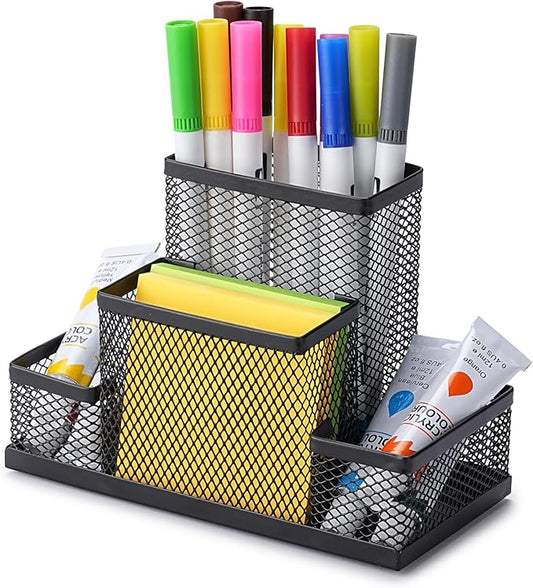 Huron Pen Holder and Desk Organizer Caddy, 4 Compartment Storage for Pencils Pens Sticky Notes Office Desk Accessories for Home Office,Black Steel Mesh (1/4/24/96) (1 pc)