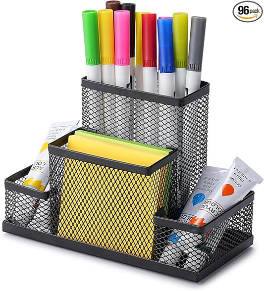 Huron Pen Holder and Desk Organizer Caddy, 4 Compartment Storage for Pencils Pens Sticky Notes Office Desk Accessories for Home Office,Black Steel Mesh (1/4/24/96) (96 pc)