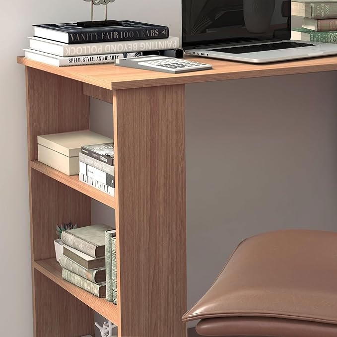 HOMCOM L Shaped Desk, Corner Computer Desk, 360 Degree Rotating Home Office Desk with Storage Shelves, Writing Table Workstation, Teak