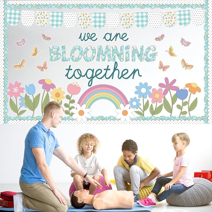 70PCS Spring Classroom Bulletin Board Decorations Flower Bulletin Board Set We are Blooming Together Floral Butterfly Bulletin Board Rainbow Cutouts for School Office Home Wall Decor