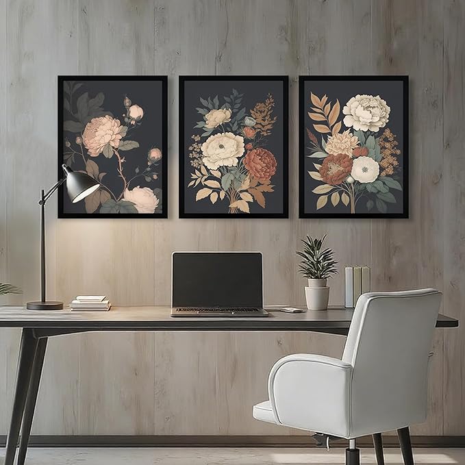Krtoni 3PCS Framed Vintage Flower Wall Art, Rustic Farmhouse Dark Peony Floral Wall Decor, Retro Plants Aesthetic Painting Prints, Flower Botanical Artwork for Living Room Bedroom Bathroom 12W x 16H
