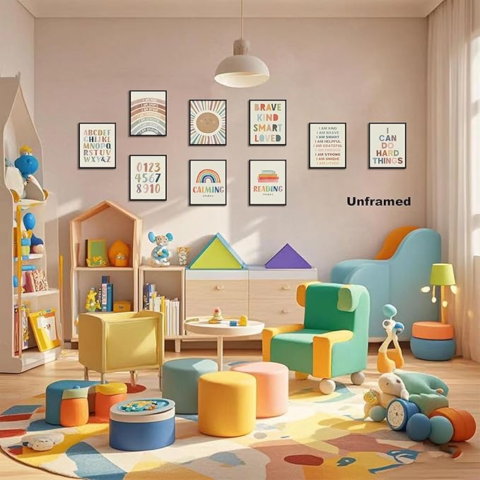 SEHSUVC Baby Alphabet 1 2 3 Wall Art Set of 9, Number Rainbow Canvas Posters Prints, Kids ABC Positive Affirmation Wall Decor Paintings for Kids Room Nursery Bedroom Home Decor 8x10In Unframed