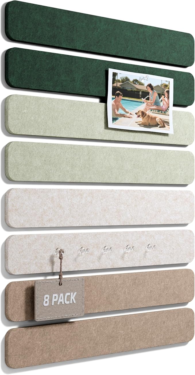 Cork Board Alternative Felt Strip Board 8-Pack 13"x2", Office Pin Board with 50 Push Pins, Adhesive Install for Bedroom Door & Home Office(Nordic Moss)