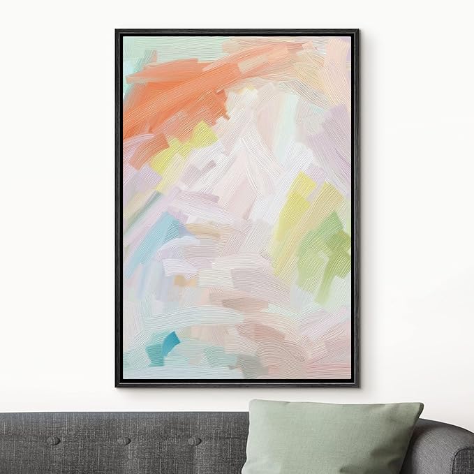 MUDECOR Framed Canvas Print Wall Art Pastel Orange, White & Green Color Field Abstract Shapes Watercolor Modern Art Contemporary Multicolor Ultra for Living Room, Bedroom, Office - 16"x24" Black