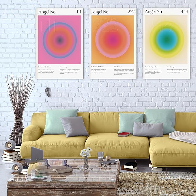 Colorful Gradient Aura Angel Numbers Poster Canvas Print Artwork Room Decor for Bedroom Aesthetic, 3 Piece Framed Inspirational Minimalist Art Paintings Decor for Bedroom Office 24"x36" x 3 Pcs