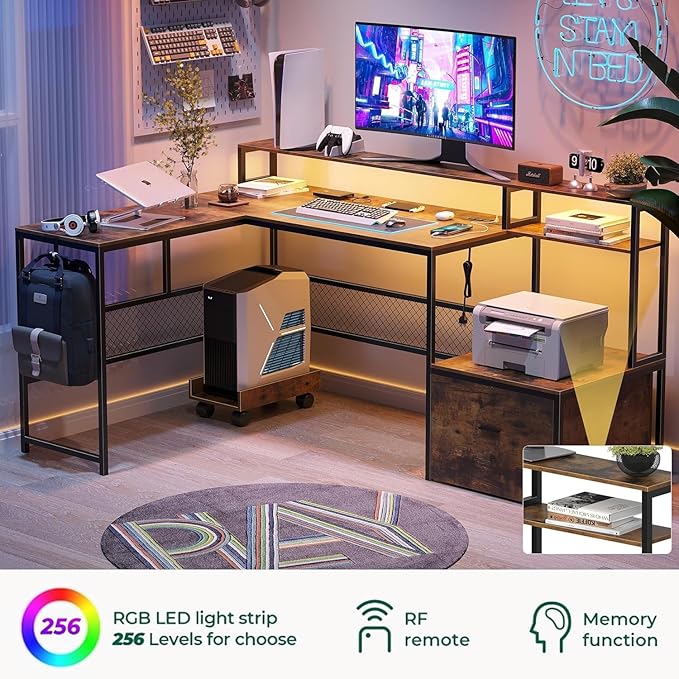 L Shaped Desk with Drawers, 66" Home Office Desk with Power Outlet and Led Strip, Computer Desk with Storage Shelves & Monitor Stand, Large Corner Desk Gaming Desk, Rustic Brown