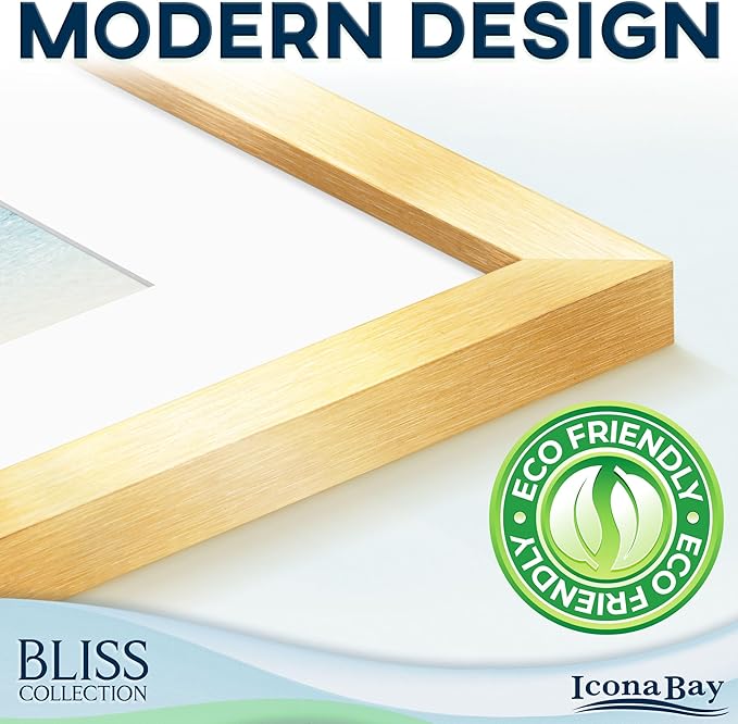 Icona Bay - 12x16 Gold Picture Frame with Removable Mat to 9x12 Photo - Modern Style Engineered Wood Poster Frame - Wall Mount Only - Bliss Collection