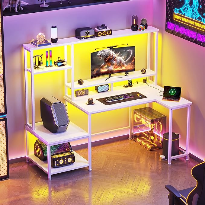 L Shaped Gaming Desk with LED Lights & Outlets,55" Computer Desk with Shelves & Storage Hutch,Reversible Corner Gaming Table with Printer Space & Monitor Stand for Game Room,Home Office,White