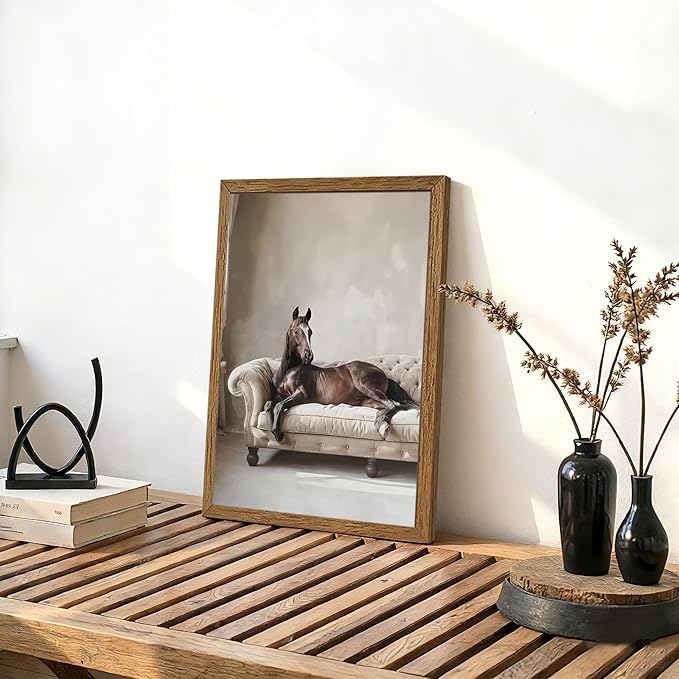 AVECCO Framed Funny Elegant Vintage Canvas Horse Wall Art, Western Brown Horse on Sofa Pictures Wall Decor, Unique Animal Art Prints for Bathroom Bedroom Living Room Office Home Decoration 12x16 Inch