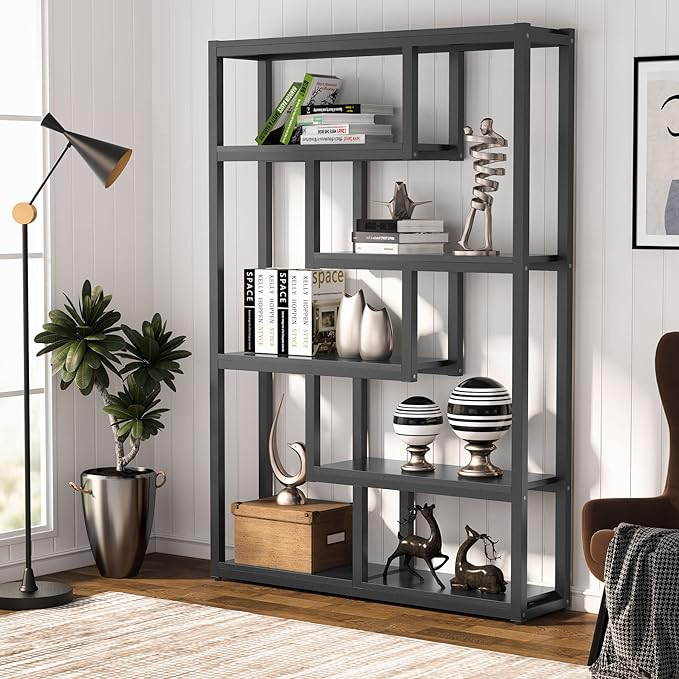 Tribesigns Way to Origin 6-Shelf Modern Bookshelf, Industrial Etagere Bookcase, 69 Inch Tall Storage Display Staggered Shelves with Sturdy Metal Frame, Black