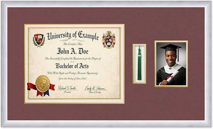 CountryArtHouse Diploma Tassel and Photo Shadowbox Fits 15 x 12 Military/Government with Tassel Hoo Stainless Silver Genuine Hardwood with Dark Red Over Metallic Gold Double mat