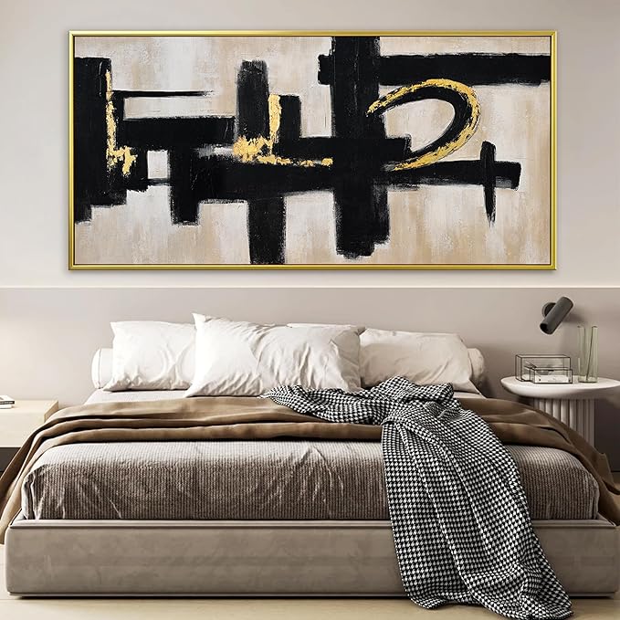 QSQ Black And Off-White Wall Art Abstract Picture Paintings On Canvas Art Wall Decor 29 x 58 Inches Large Gold Framed Wall Art Living Room Minimalism Abstract Wall Decor Bedroom Office Artwork