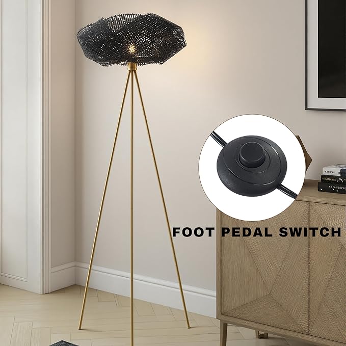 Bamboo Tripod Floor Lamp, Handwoven Lotus Shade Standing Lamp, Boho Natural Woven Light with Black Metal Stand for Living Room Bedroom